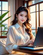 © anmitsu - A beautiful young female freelancer is sitting on a comfortable sofa and browsing the internet on her laptop to run a successful business. Luxurious interior. Work from home concept.