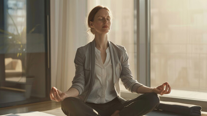 Serene businesswoman meditating at the office during golden hour.