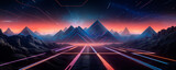 Fototapeta Kosmos - Majestic mountains rise under a sky ablaze with stars, forming a surreal and futuristic landscape. Gamer Background. Virtual reality. Banner. Copy space