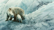 starving skinny Polar Bear mother and two cubs on a melting glacier icy Hudson Bay. extreme Climate change, global warming