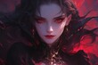 An otherworldly fantasy portrait of a woman with striking red eyes, suggesting a powerful character of myth or legend.