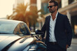 © Ivan - A rich young confident businessman in a suit standing next to his luxurious black car against the background of a beautiful house and the setting sun. rich life