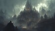 A cloaked figure stands before a sprawling gothic citadel, rising dramatically from a dystopian landscape shrouded in fog and mystery.