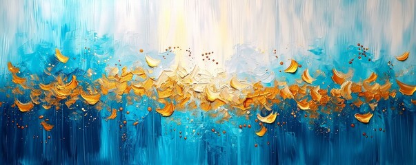 Canvas Print - Abstract rough blue white gold art painting texture, with oil brushstroke and dotted blobs points of color, pallet knife paint on canvas, Generative AI