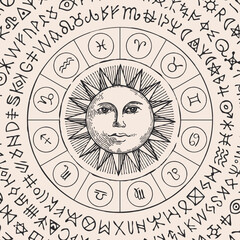 Wall Mural - Vector illustration of the Zodiac signs in retro style with Sun and magic runes written in a circle on white background. Hand-drawn banner with twelve horoscope symbols for astrological forecasts