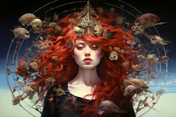 Fantasy portrait of a young beautiful red hair witch in surrealistic environment surrounded by fairy-tail scull like creatures.