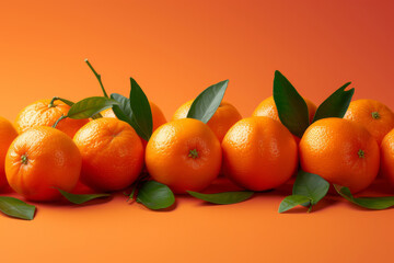 Wall Mural - Beautiful orange background with tangerines with green leaves isolated on orange empty background with space for text or inscriptions
