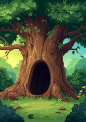 Wall Mural - Summer Forest Tree with a Huge Hollow Illustration