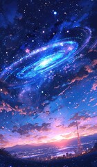 A huge luminous beam of light shines down from the sky, forming an electric blue ring around it in the style of anime. The background is dark with distant mountains and city lights under a night starr