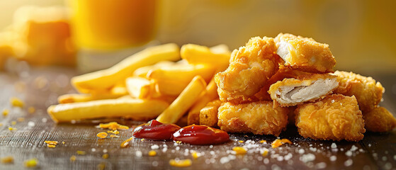 Wall Mural - professional food photography: chicken nuggets with fries, soft pastel, lots of copy space