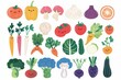 Colorful hand-drawn vector vegetables on white background. A collection of various hand-drawn colorful vegetables including broccoli, peppers, and carrots, illustrated on a clean white backdrop