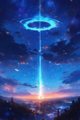 Wall Mural - A huge luminous beam of light shines down from the sky, forming an electric blue ring around it in the style of anime. The background is dark with distant mountains and city lights under a night starr