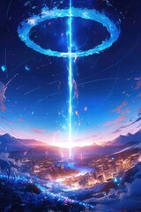 Wall Mural - A huge luminous beam of light shines down from the sky, forming an electric blue ring around it in the style of anime. The background is dark with distant mountains and city lights under a night starr