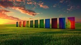 Fototapeta Londyn - A landscape with multiple doors of different colors in the foreground, representing various possibilities and options for growth or development. The background is a green field under a sunset sky, 
