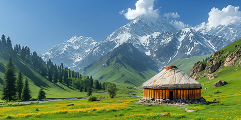 Wall Mural - traditional Asian nomadic yurt in field in the highlands against background of mountains