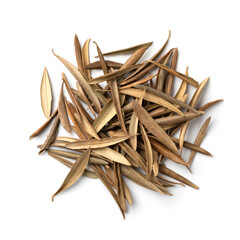 Sticker - Heap of dried olive leaves as an ingredient isolated on white background