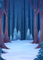 Poster - Winter Night Forest with Snow-Covered Trees Illustration