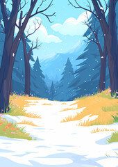 Poster - Winter Forest with Snow-Covered Trees Illustration