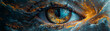 A close up of a person's eye with a blue iris and orange eyelashes. The eye is surrounded by a blurry, colorful background