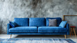 
Blue velvet sofa in a modern minimalist interior with a concrete wall, Monstera plants, and stylish lighting. Generative AI.