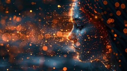 Wall Mural - Digital art of a woman's silhouette profile, illuminated by golden shimmering particles against a dark backdrop.