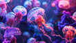 Create a surreal underwater world with neon jellyfish floating gracefully in an oceanic abyss