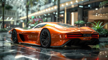 Orange sports car parked in rain in front of building