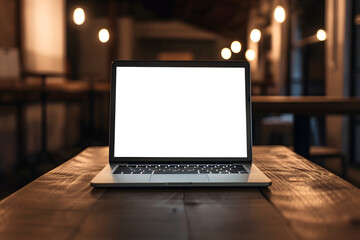 Wall Mural - A laptop with a blank white screen on a wooden table in a coffee shop, with a warm and blurred background.