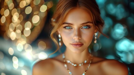 Wall Mural - beauty, people and jewelry concept - beautiful young woman wearing shiny diamond pendant