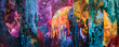 A lively painting filled with a multitude of bold, colorful brushstrokes that create a dynamic and abstract background, blending together in a harmonious dance of hues and shapes. Banner. Copy space