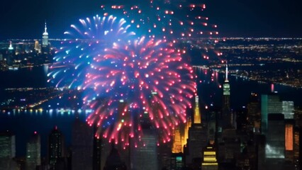 Sticker - A city skyline with fireworks in the background. The fireworks are red and orange and are lit up against the dark sky. Scene is celebratory and festive