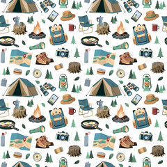 Wall Mural - Forest camping and hiking equipment. Vector seamless pattern. Isolated on white background. Travel and adventure accessories.