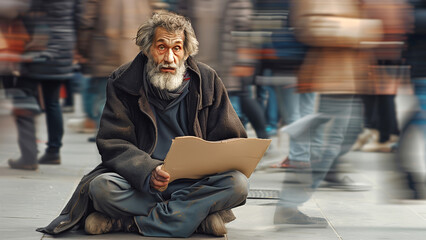 Doubting homeless mature man holds cardboard sheet in bustling heart of modern city. Elderly bum begs help sitting on street. People without home