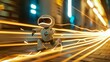 a cute robot chasing dreams, running on a wave of light. light trails caused by low shutter speed