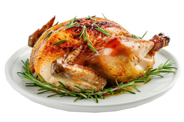 Wall Mural - Roasted chicken on white plate isolated on white background highly detailed image