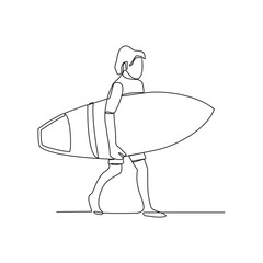 Wall Mural - One continuous line drawing of the people is play surfing in the sea enjoying summer season vector illustration. Surfing activity design illustration simple linear style vector concept. Surfer design.