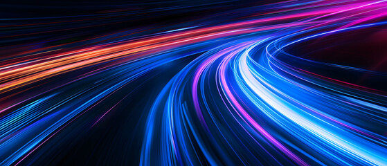 Wall Mural - Abstract illustration depicting high-speed light trails in 3D, creating a dynamic and futuristic backdrop. The red and blue light motion trails convey a sense of fast movement and modern technology.