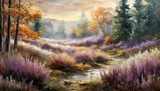 Fototapeta Niebo - Wrzosowisko na polanie w lesie. Tapeta, dekoracja. Generative AI