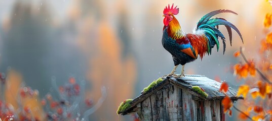 Wall Mural - Majestic rooster crowing at sunrise on serene rural farm, capturing the beauty of dawn