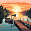 A tranquil lakeside dock scene with boats fishing 