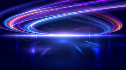 Wall Mural - High-speed light trails effect. Abstract digital technology background. Futuristic high-tech innovation, Network connection, AI, communication, big data. Pattern for banner, website. Vector eps10.