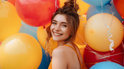 Portrait of a beautiful cheerful young woman, surrounded colorful balloons