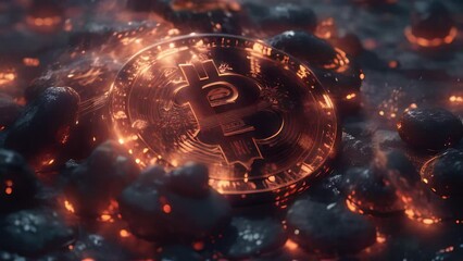 Wall Mural - Bitcoin money and finance future freedom a bit coin sitting on top of a metal fence, in the style of Photo real, hyper-realistic, cinematic, masterpiece