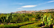 Panoramic view of Agrigento, a hilltop city on Sicily's southwest shore. Green summer park on foreground. August 2023.