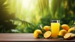 Freshly squeezed juice on wooden table with lemon trees in natural setting, copy space available