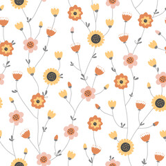 Wall Mural - Twisted fairy flowers seamless floral pattern in Scandinavian style. Hand drawn flowers on white background. Abstract retro Spring or Summer print design. Vector illustration
