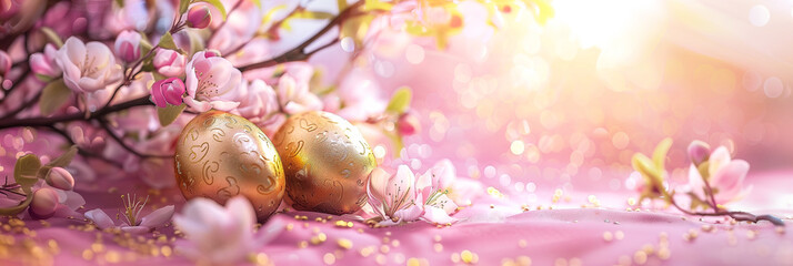 Wall Mural - Blooming cherry branches and golden Easter eggs lie against a background of sunny bokeh. Happy Easter spring greeting card, banner