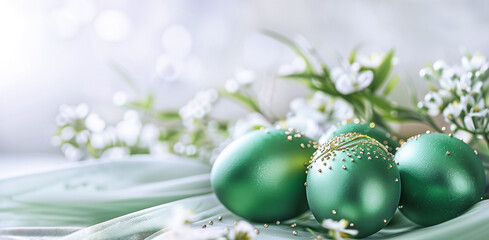 Wall Mural - Beautiful emerald green Easter eggs with gold decoration lie on a white tablecloth, surrounded by spring flowers. Happy Easter greeting card, banner with place for text