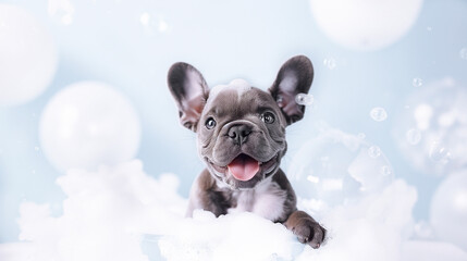 Happy cute dark gray French bulldog puppy on a background of soap foam and bubbles. Clean dog in the bathroom. Water procedures for pets, grooming. Puppy Day