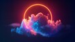 Abstract cloud encircled by a neon light ring in a dark night sky, 3d rendered round frame